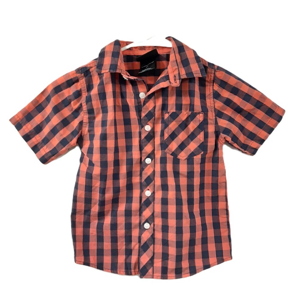 Mick Mack Boys Shirt Size 4T Button Down Orange/Black Short Sleeve Pocket